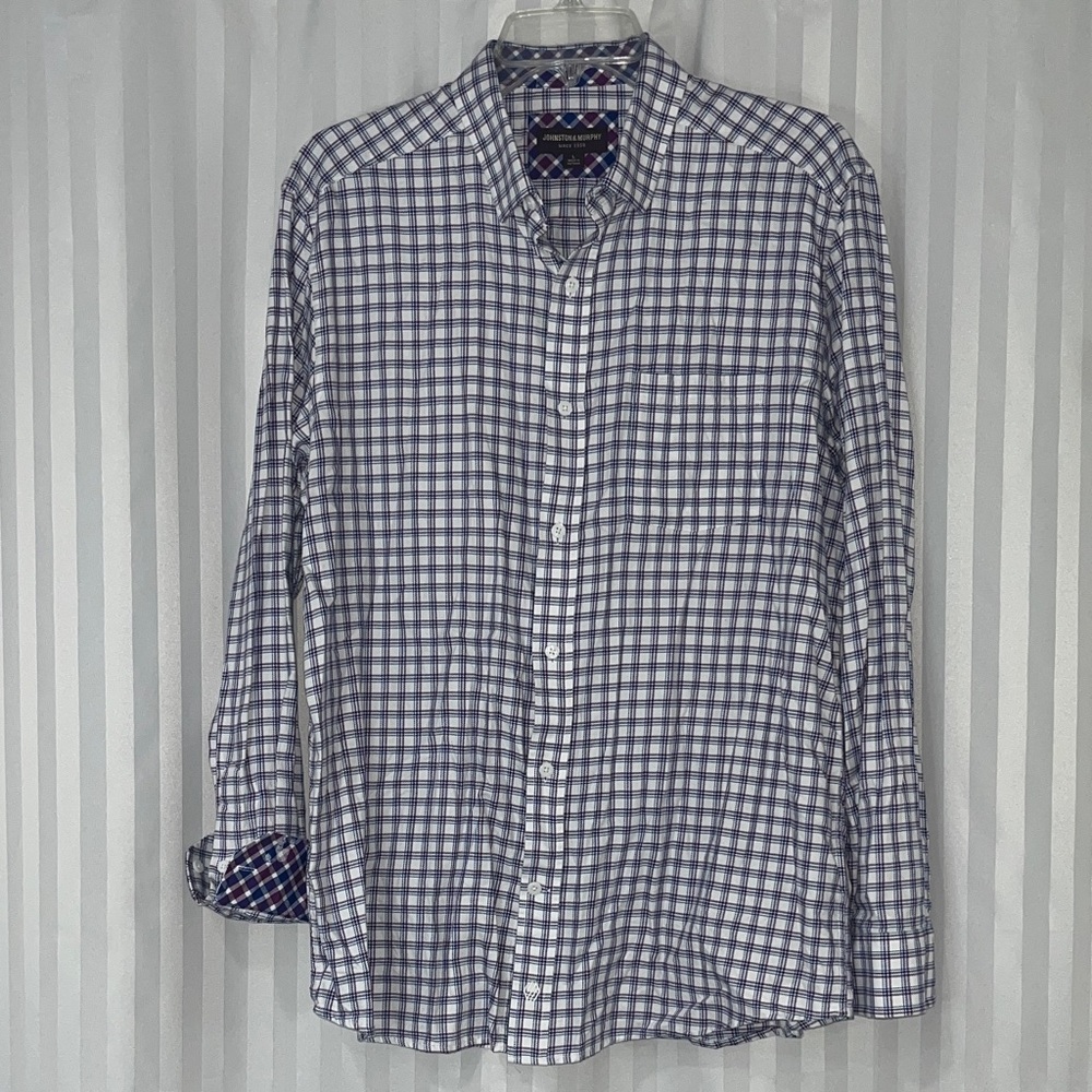Johnston & Murphy Blue, Violet and White Check Cotton Button-Down Shirt